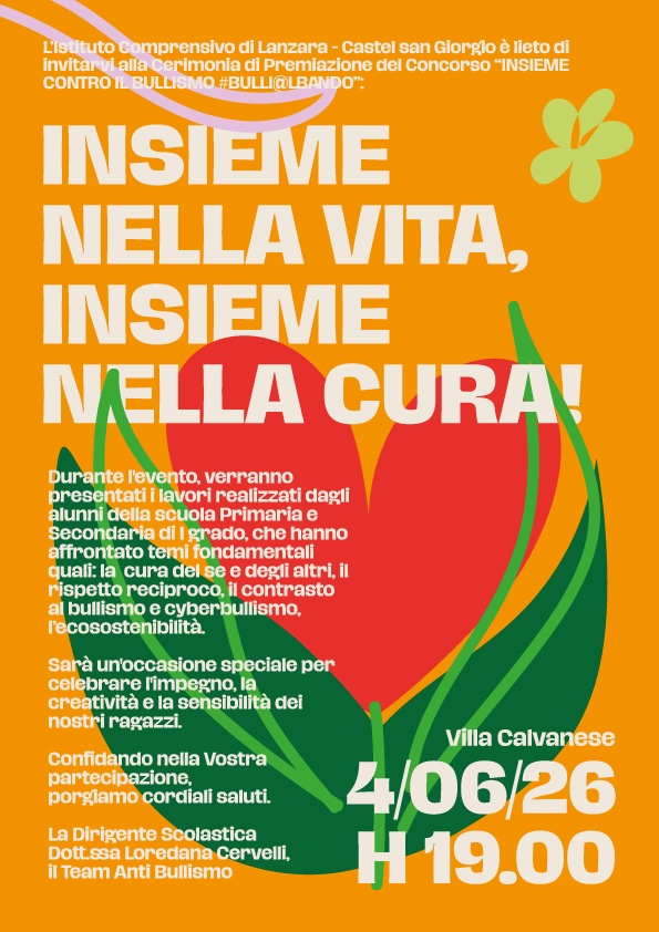 Invito Cerimonia di premiazione concorso BULLI@lBANDO 4 giugno 2026 ore 19:00 presso villa Calvanese